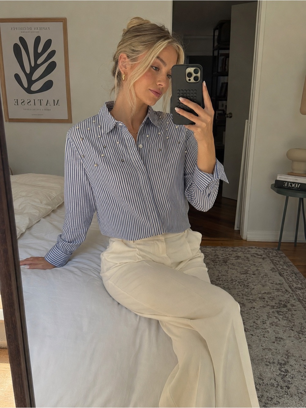 Rails Taylor Banker Stripe Pearls Button Down Shirt XS Blue White Cotton Blend